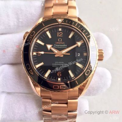 Swiss Replica Omega Seamaster Co-Axial Rose Gold Watch Black Dial